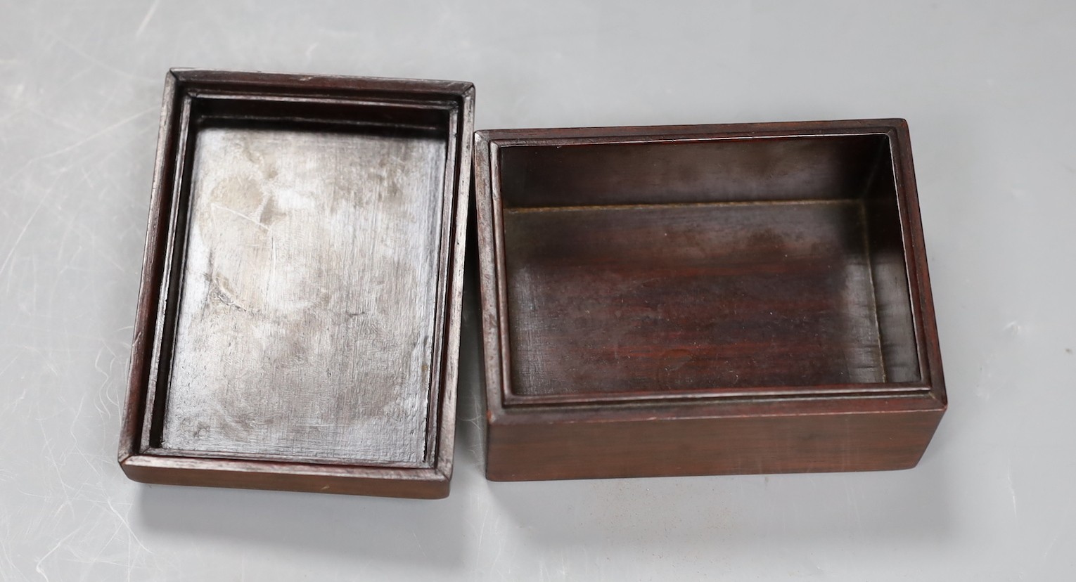 A Chinese hardwood and bowenite jade mounted box, 9.5cms wide x 5cms high